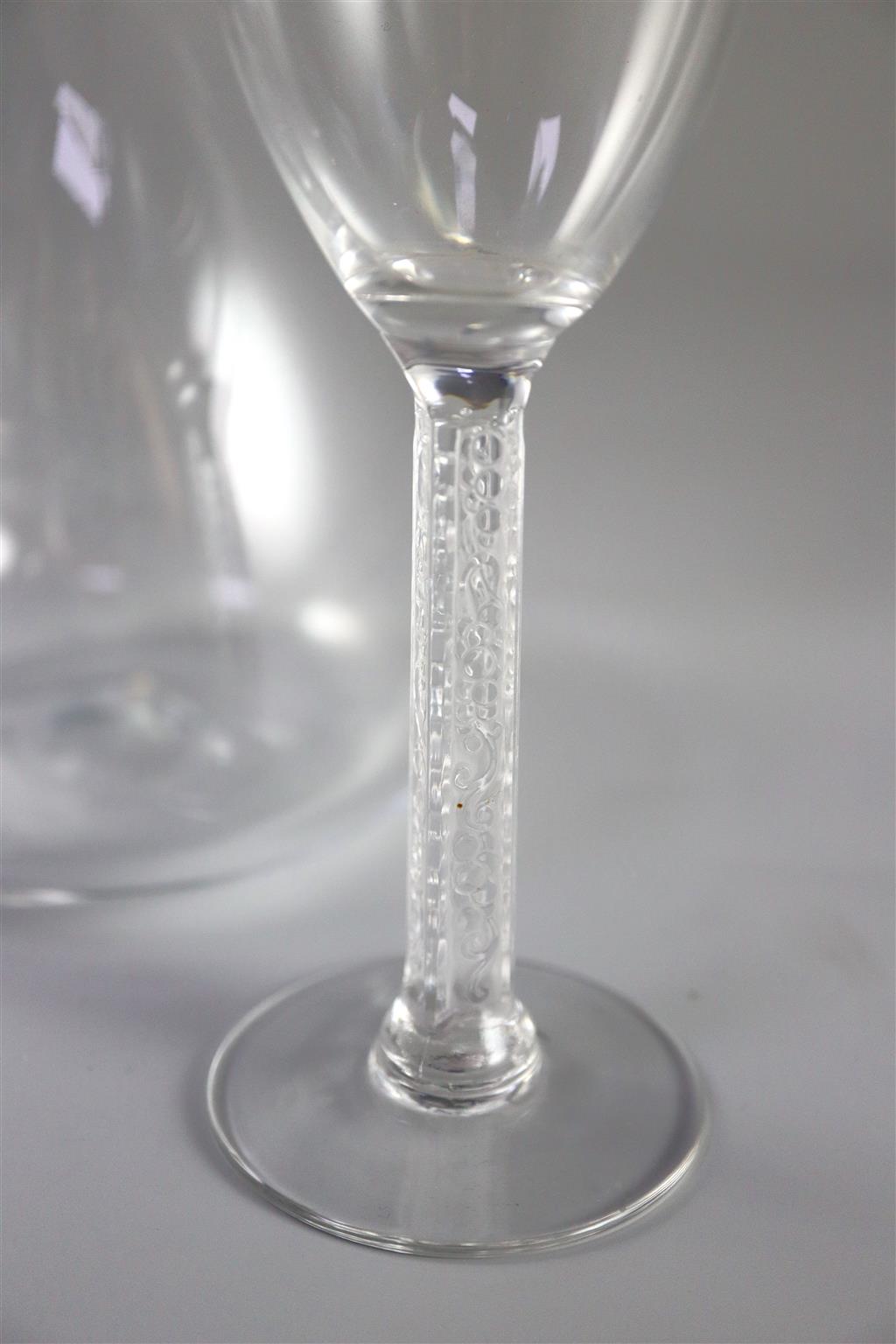 René Lalique. A Phalsbourg pattern glass decanter and two glasses, no.5057/505?, designed in 1924, 24 and 15.5cm high
